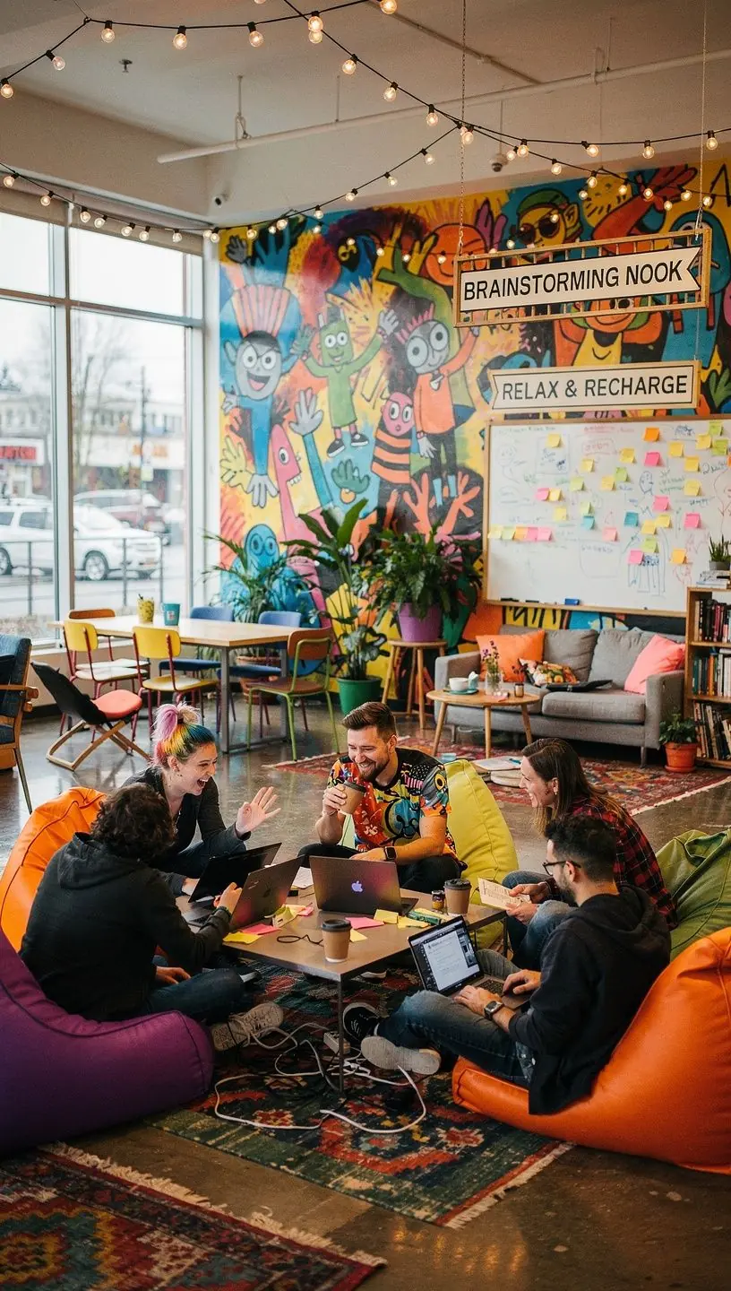 funkcjonalne biuro z przestrzeniami do współpracy i jasnymi kolorami